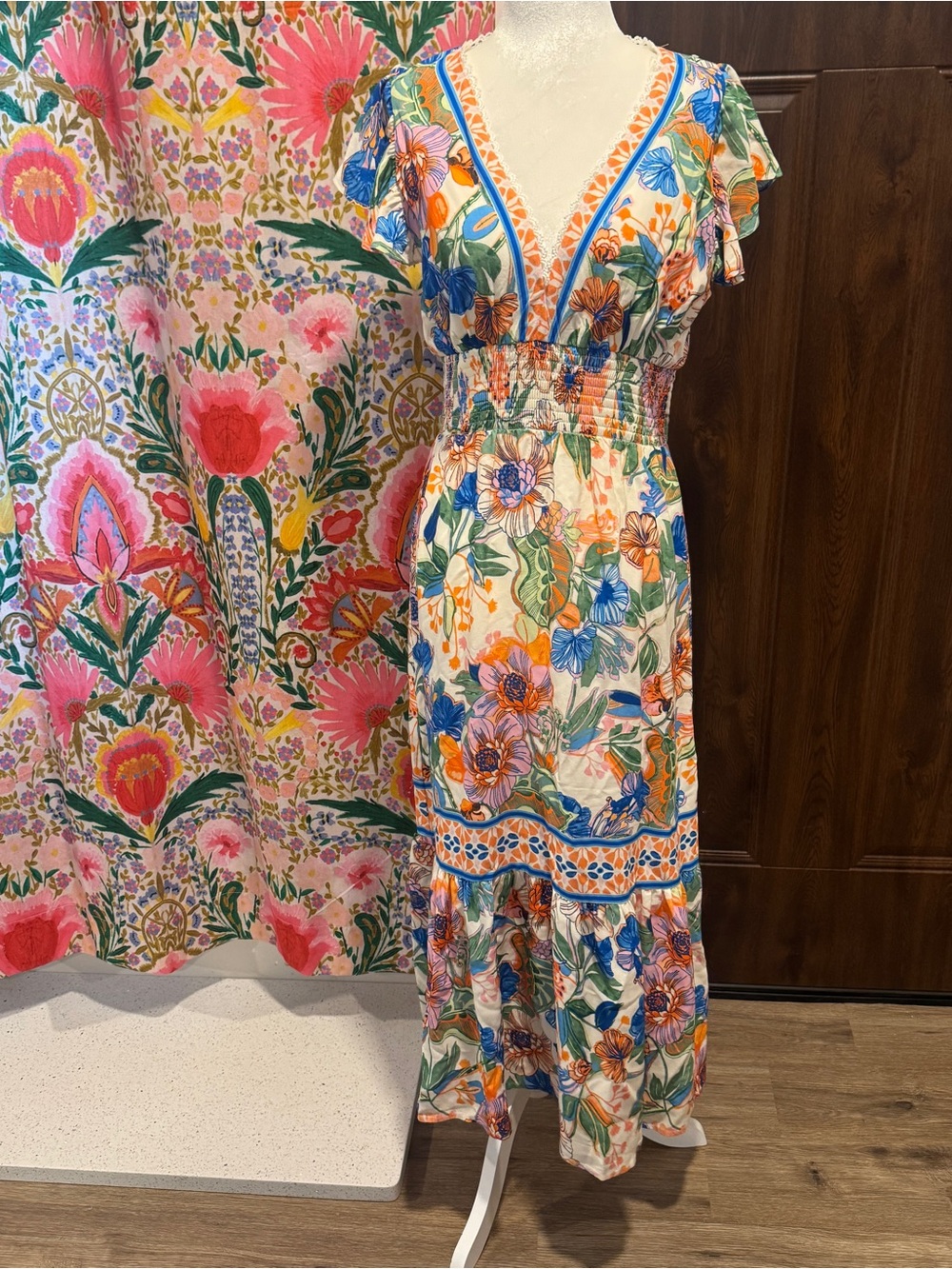 Adrianna Papel Smocked-Waist Flutter-Sleeve Dress SMALL boho
